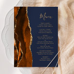 Bränd Orange Guld-agate marinblå Bröllop Meny<br><div class="desc">Den moderna bröllop-menyn på den lämnat kant i eleganten har en bränd vattenfärgad orange i gräns som trimmas med faux guld glitter. Anpassadet kombinerar ett guld-färgad-handskriftsskript och kopparplåt-typsnitt på en marin blå bakgrund. Den omvända sidan har en matchande bränd orange och guld agate-design.</div>
