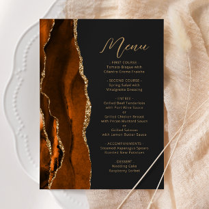 Bränd Orange Guld Agate Modern Script Mörk Bröllop Meny