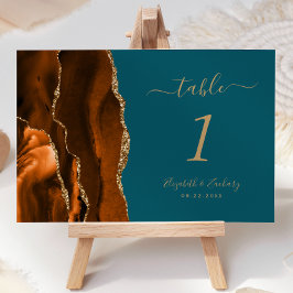 Bränd Orange Guld Agate Teal Bröllop Bordsnummer