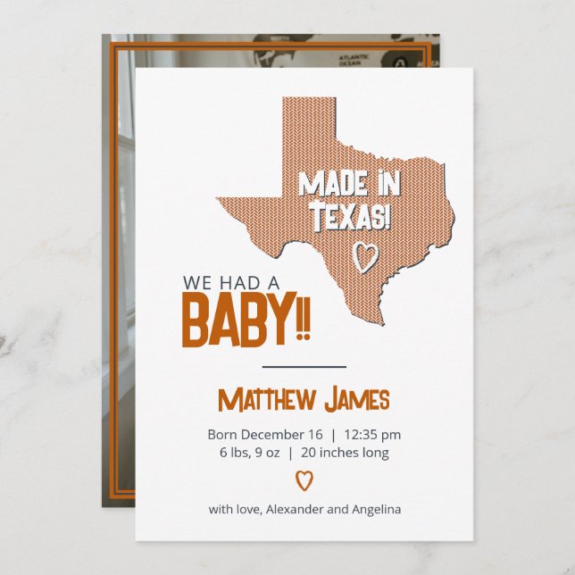 Bränd Orange Herringbone Made in Texas Photo Baby Meddelande (Fram/baksida)