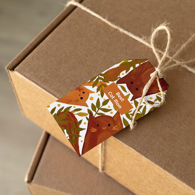 Bränd orange katt och grenar Best cat mamma Presentetikett (Skapare uppladdad)