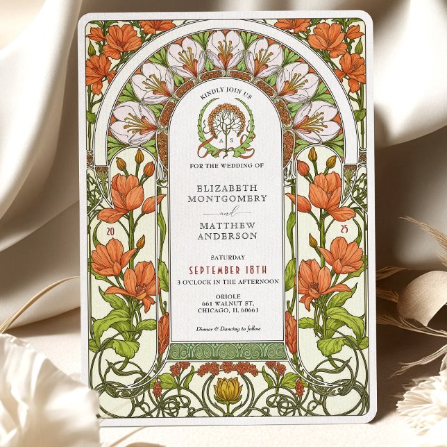 Bränd Orange Lilies Art nouveau Fall Wedding Inbjudningar (Skapare uppladdad)