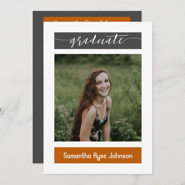 Bränd Orange Modern Block 3-Photo Studenten Inbjudningar (Fram/baksida)