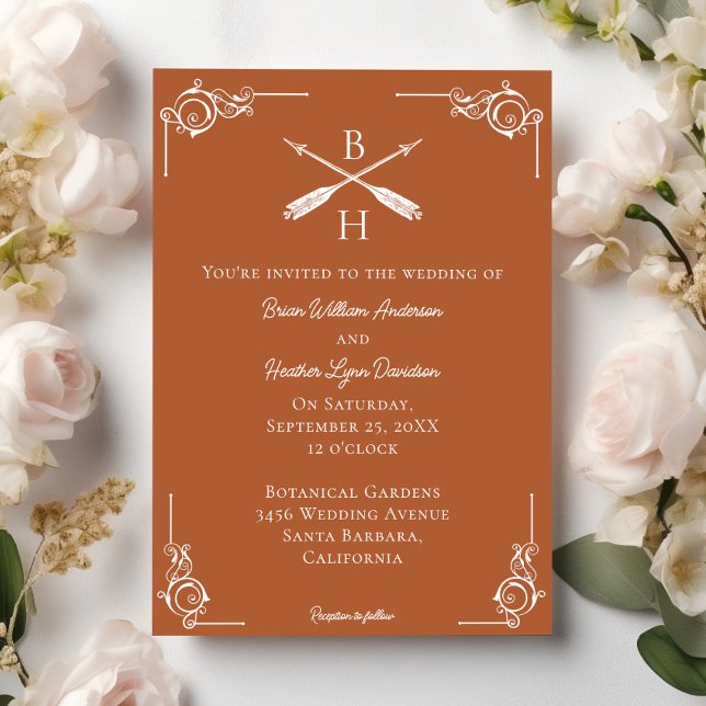 Bränd Orange Monogram och pilar Bröllop Inbjudningar (Burnt Orange Monogram and Arrows Wedding Invitation)