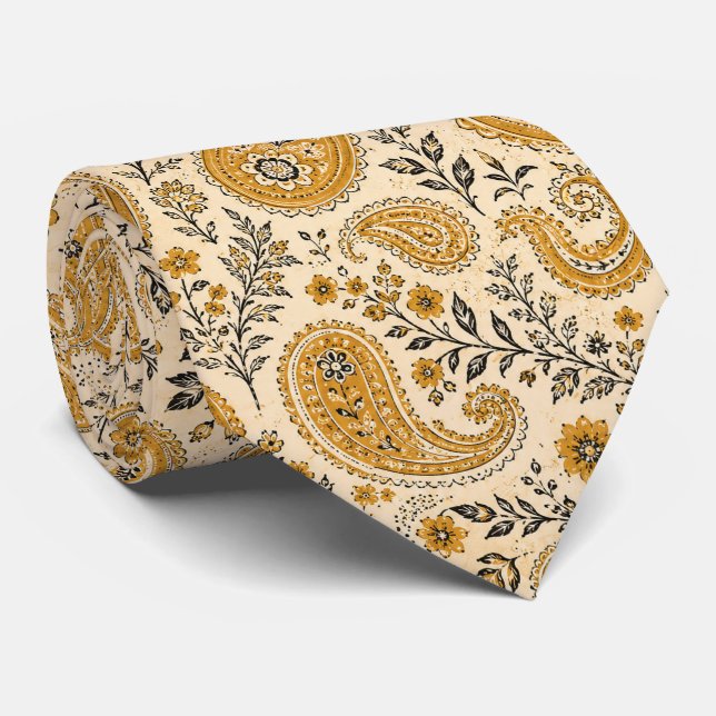 Bränd orange och beige paisley  slips (Rullad)