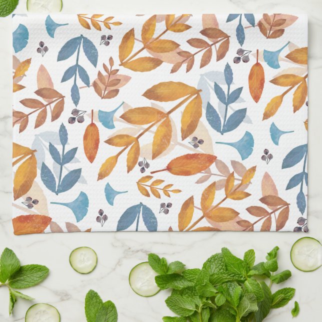 Bränd Orange och blått Höst löv Kökshandduk (Vikta)