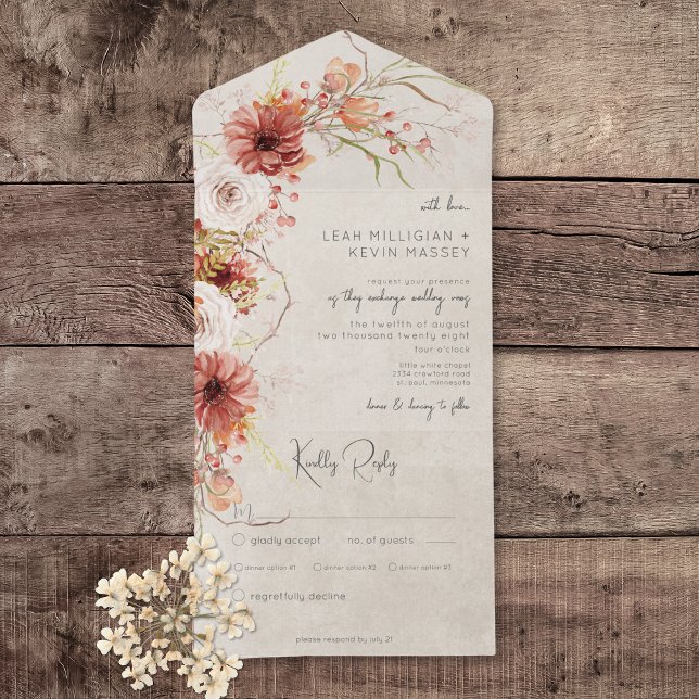 Bränd Orange och Cream Boho Blommigt Middag (Burnt Orange & Cream Boho Floral All in One Wedding Invitation with Dinner Options)