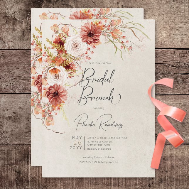 Bränd Orange och Cream Boho Blommigt Möhippa Brunc Inbjudningar (Burnt Orange & Cream Boho Floral Bridal Brunch Invitation)