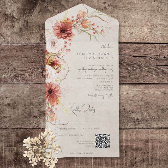 Bränd Orange och Cream Boho-Blommigt QR-kod (Burnt Orange & Cream Boho Floral All In One Wedding Invitation with QR Code)