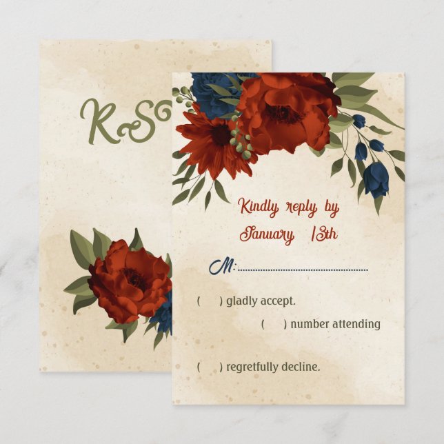 Bränd orange och marin blåa blommor bröllop OSA kort (Fram/baksida)