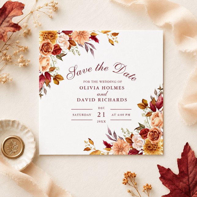 Bränd orange och persikofärgad höstblomma Spara da Datumet (Burnt Orange & Peach Autumn Floral Save the Date)