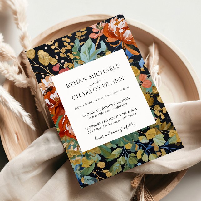 Bränd Orange Peonies Blommigt Guld Painting Bröllo Inbjudningar (Skapare uppladdad)