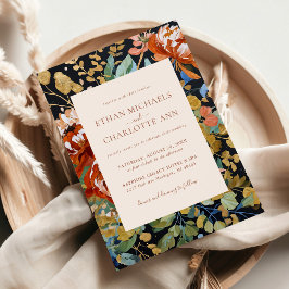 Bränd Orange Peony Blommigt Painting Guld Bröllop Inbjudningar