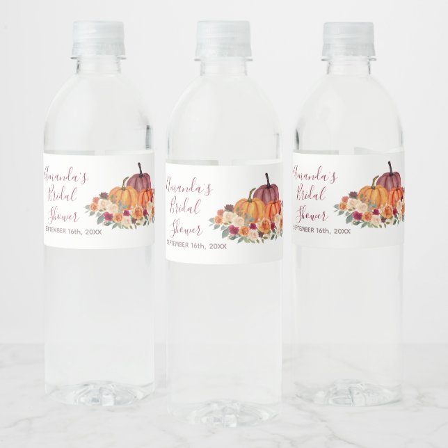 Bränd Orange Pumpkin Rustic Blommigt Vattenflaskor Etikett (Flaskor)