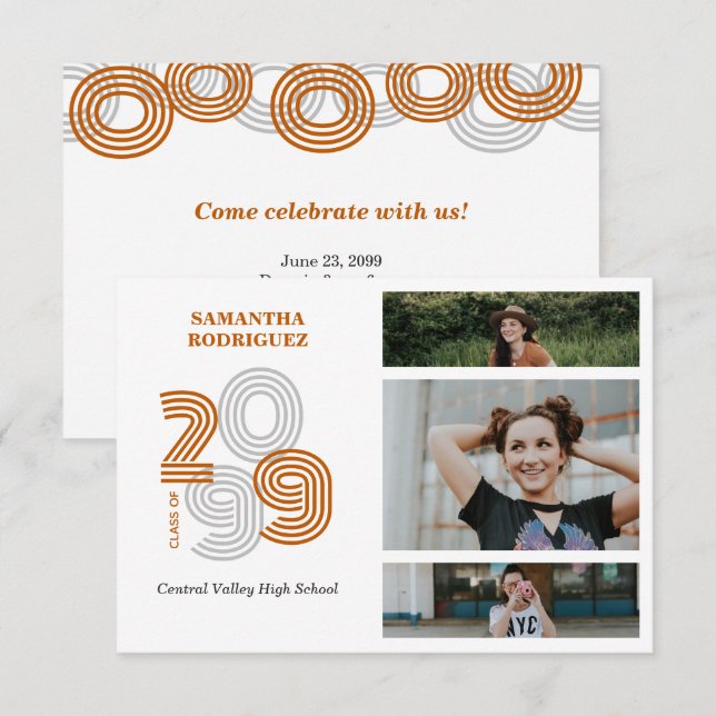 Bränd Orange Retro Big Numbers 3-fotofoto Studente Inbjudningar (Fram/baksida)