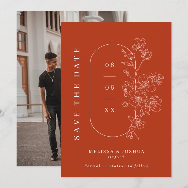 Bränd Orange Ritad Blommigt Foto Bröllop Spara Datumet (Fram/baksida)