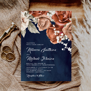 Bränd Orange Ro Terracotta Blommigt Navy Bröllop Inbjudningar