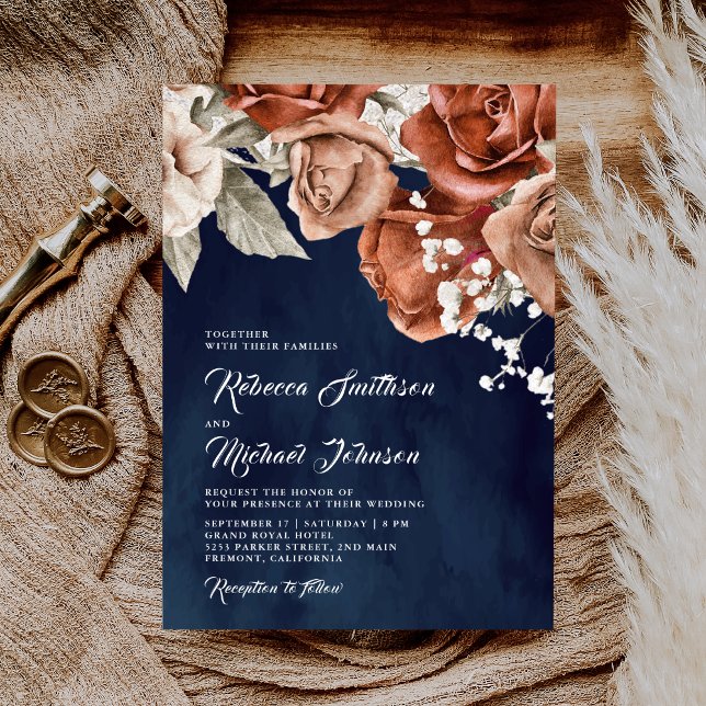 Bränd Orange Ro Terracotta Blommigt Navy Bröllop Inbjudningar (Skapare uppladdad)