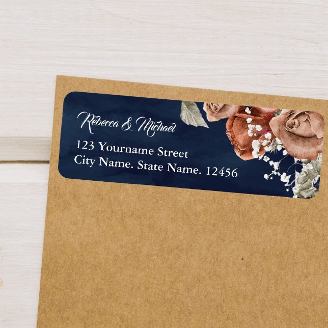 Bränd Orange Ro Terracotta Blommigt Navy Bröllop Returadress Etikett (Skapare uppladdad)