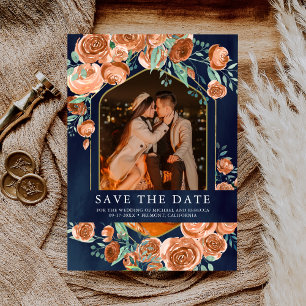 Bränd Orange Ro Terracotta Blommigt Navy Bröllop Spara Datumet