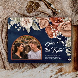 Bränd Orange Ro Terracotta Blommigt Navy Bröllop Spara Datumet