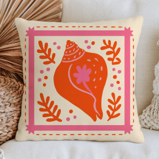 Bränd Orange & Rosa Snäckskal Eklektisk Marin Deko Kudde