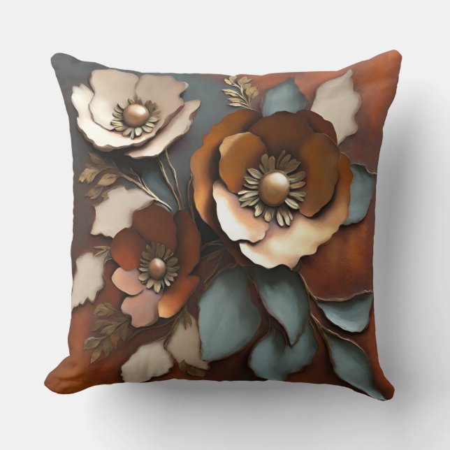 Bränd orange rost teal blommönster kudde (Framsida)