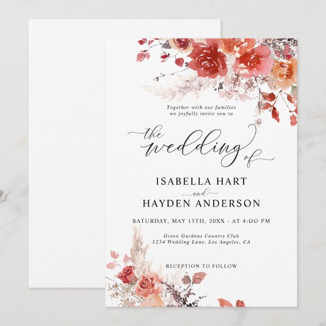 Bränd Orange Rust Boho Terracotta Blommigt Bröllop Inbjudningar (Fram/baksida)