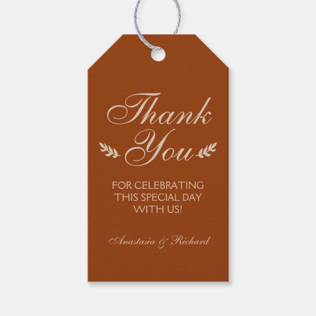 Bränd Orange Rustic Lövs Tack Bröllop Presentetikett (Framsidan)