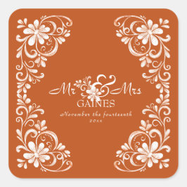 Bränd Orange Shabby chic, herr & fru Bröllop Stick Fyrkantigt Klistermärke
