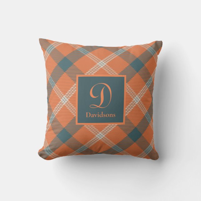 Bränd Orange Skotsk Tartan Rutig Monogram Höst Kudde (Framsida)