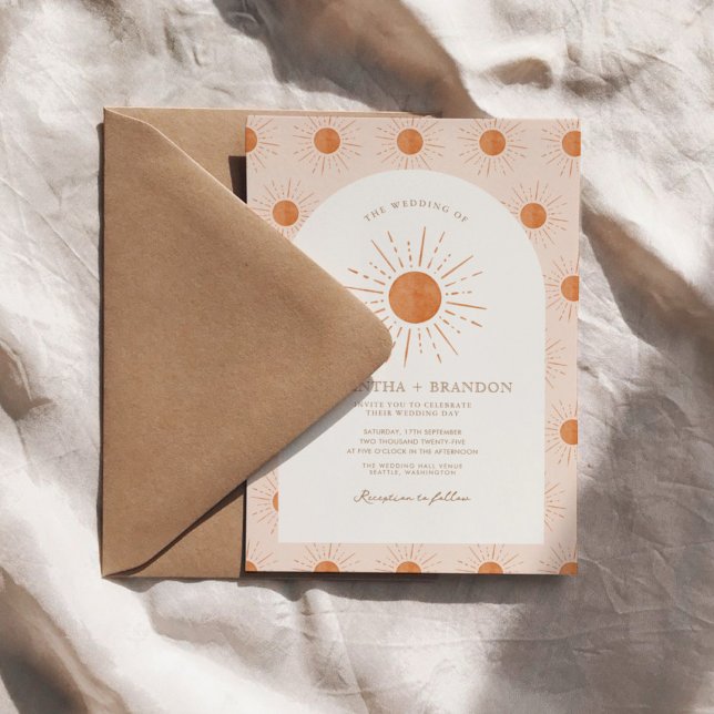 Bränd Orange Sol Celestial Boho Bröllop QR-kod Inbjudningar (Skapare uppladdad)