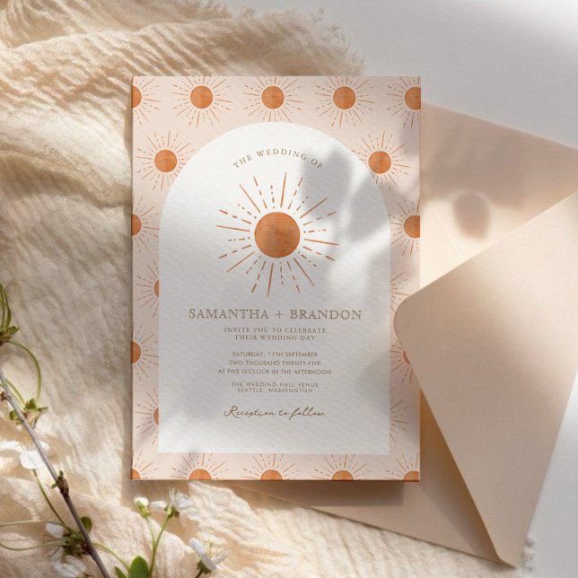 Bränd Orange Sol Celestial Boho Bröllop QR-kod Inbjudningar (Skapare uppladdad)