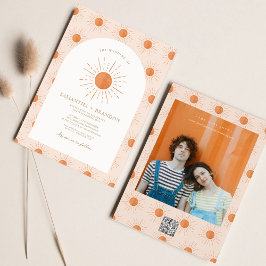 Bränd Orange Sol Celestial Boho Bröllop QR-kod Inbjudningar