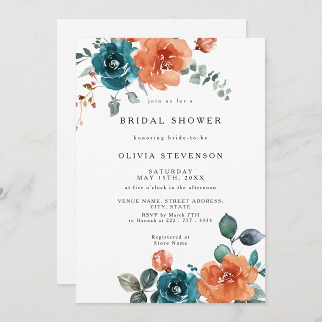 Bränd Orange Teal Blommigt Inbjudningskort för möh (Fram/baksida)