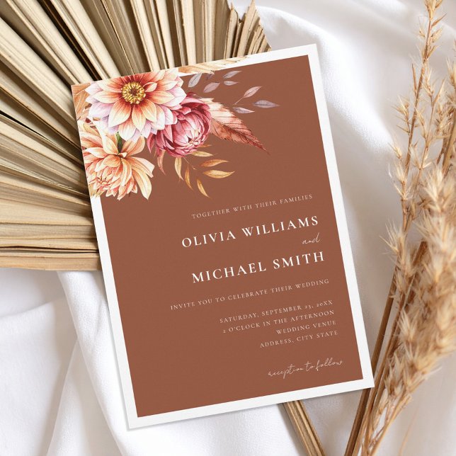 Bränd Orange Terracotta Boho Chic Blommigt Bröllop Inbjudningar (Skapare uppladdad)