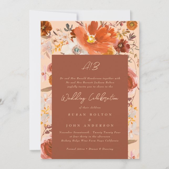Bränd Orange Terracotta Cream Monogram Blommigt Inbjudningar (Framsida)