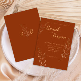 Bränd Orange Terracotta Monogram Boho Bröllop Inbjudningar