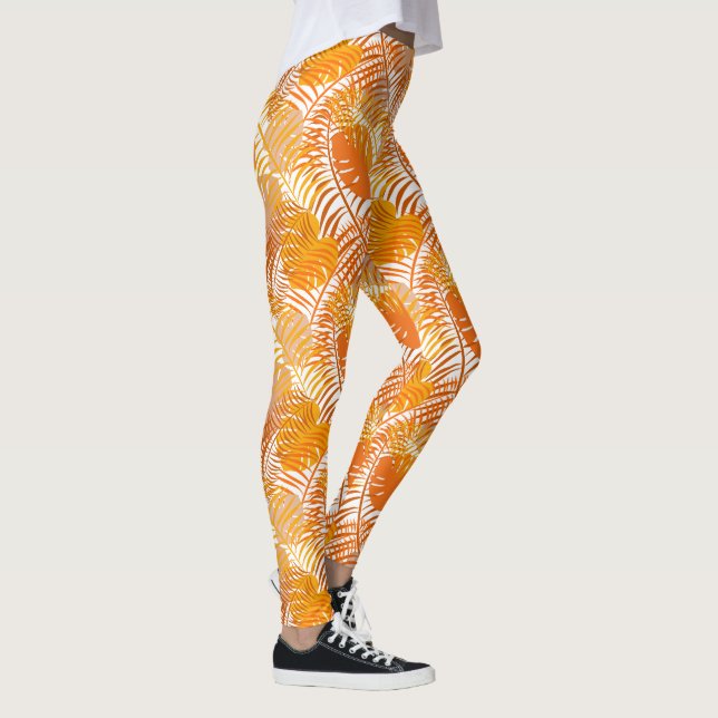 Bränd Orange Tropical Handflatan Löv, mönstrad Leggings (Höger)