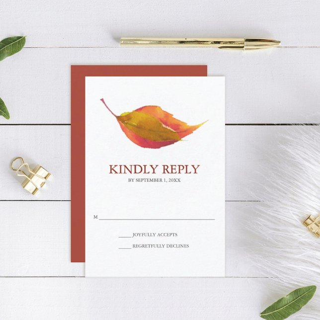 Bränd Orange Vattenfärgsfall Löv Bröllop OSA (rsvp card orange wedding fall leaves minimalistic)