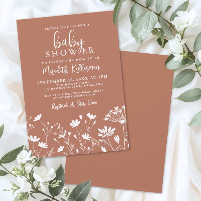 Bränd Orange Vildblomma Barnkalas Inbjudningar (Burnt Orange Wildflower Baby Shower Invitation)