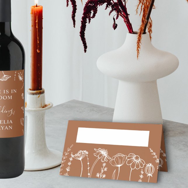 Bränd Orange Vildblomma Skiss Enkel Blomma Placeringskort (Wedding Table Place Cards in Terracotta Burnt Orange, from my Wildflower Sketch collection)