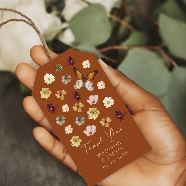 Bränd Orange WildblomBoho Wedding Favors Presentetikett (Skapare uppladdad)