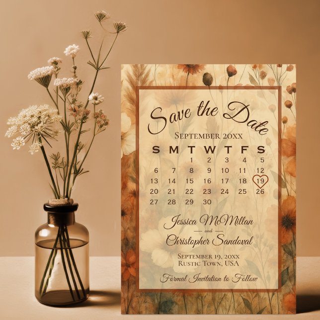 Bränd Sienna Boho Chic Blommor Kalender Bröllop Spara Datumet (Skapare uppladdad)