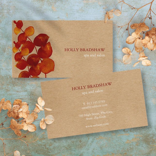 Bränd Sienna Eukalyptusblad Rustik Kraft Visitkort (Burnt Sienna Eucalyptus Leaves Rustic Kraft Business Card)