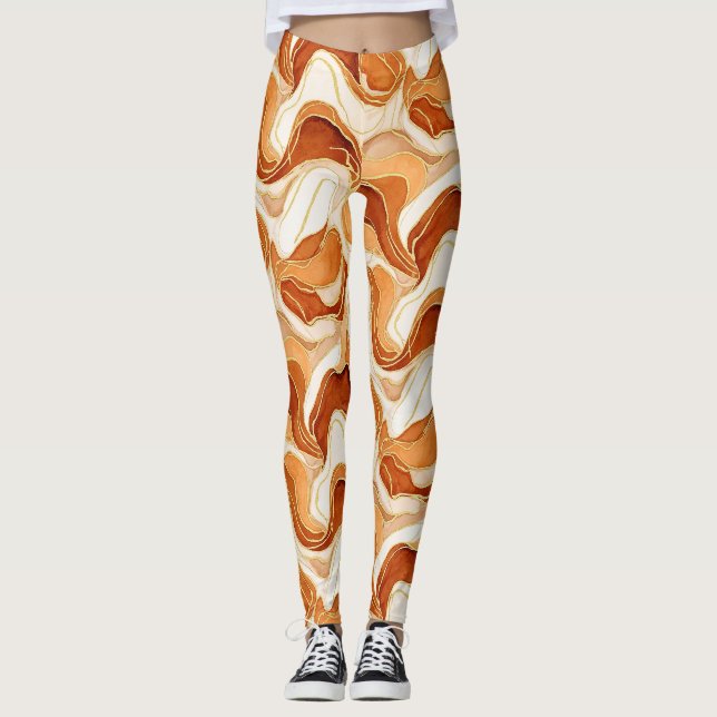 Bränd Sienna Guld Marmor Abstrakt Fluid Leggings (Framsida)