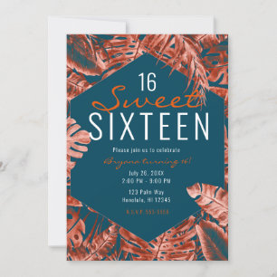 Bränd Sienna & Teal Tropiska Palmblad Sweet 16 Inbjudningar
