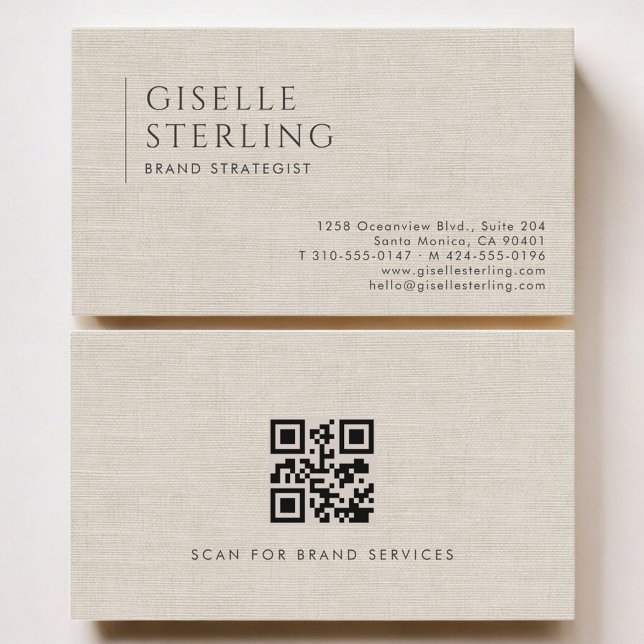 Brand Strategist Luxury Neutral Linen QR Code Visitkort (Skapare uppladdad)