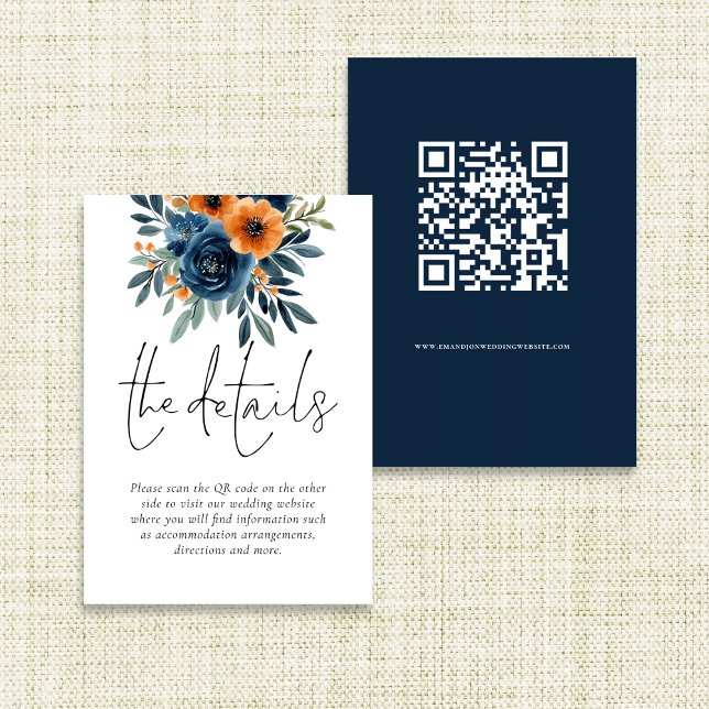 Brända Orange Marinblå Blommor QR-kod Bröllopsdeta Tilläggskort (Front and back view)