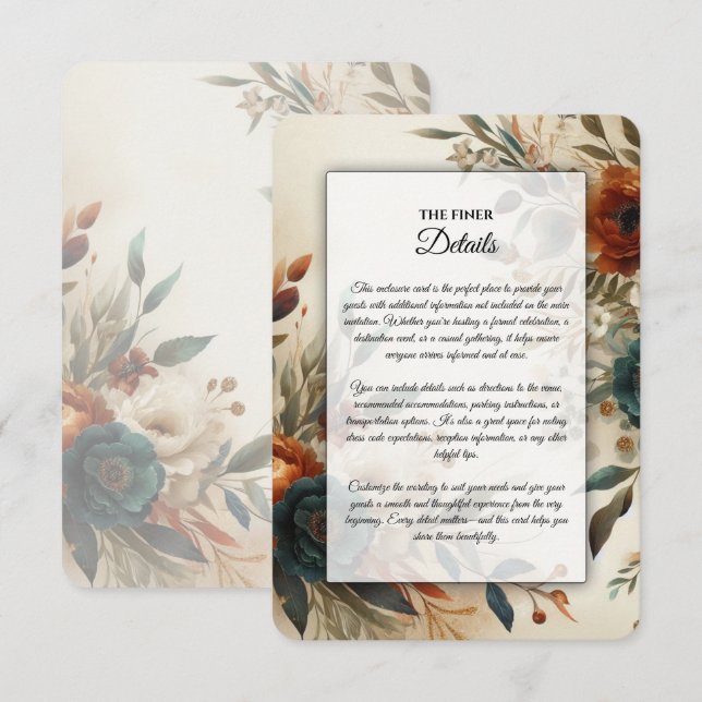 Brända Orange och Blå Höstblommor Bröllop Tilläggskort (Fram/baksida)